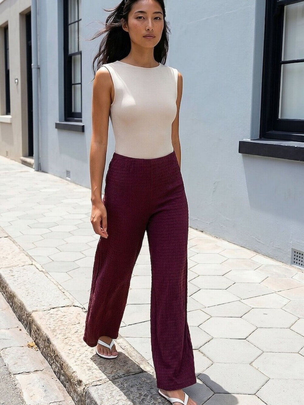 H&M Textured Plisse Maroon Textured Crinkle Effect Wide Leg Relaxed Fit Pants L